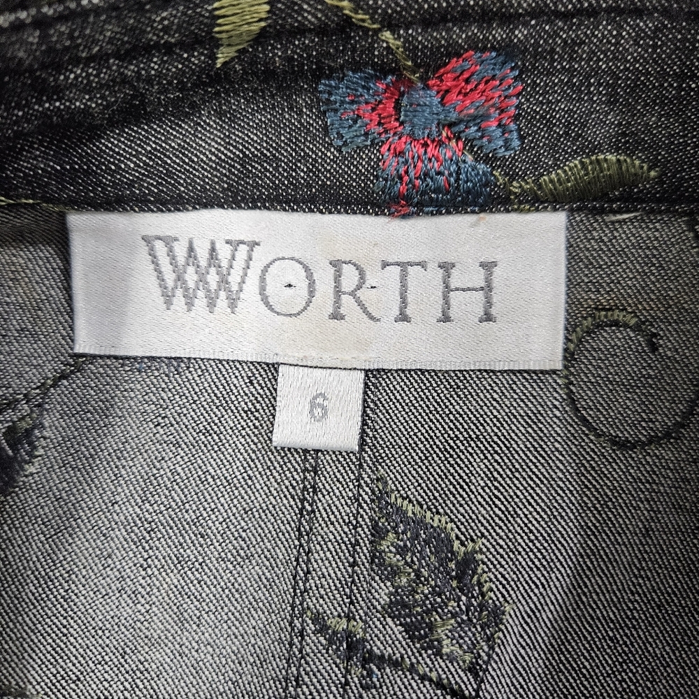 WORTH Embroidered Denim Jacket Floral Fitted Button Front Women’s Size 6 Blazer - Picture 11 of 14